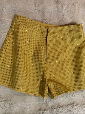 High-Waist Yellow Rhinestone Embellished Women's Shorts